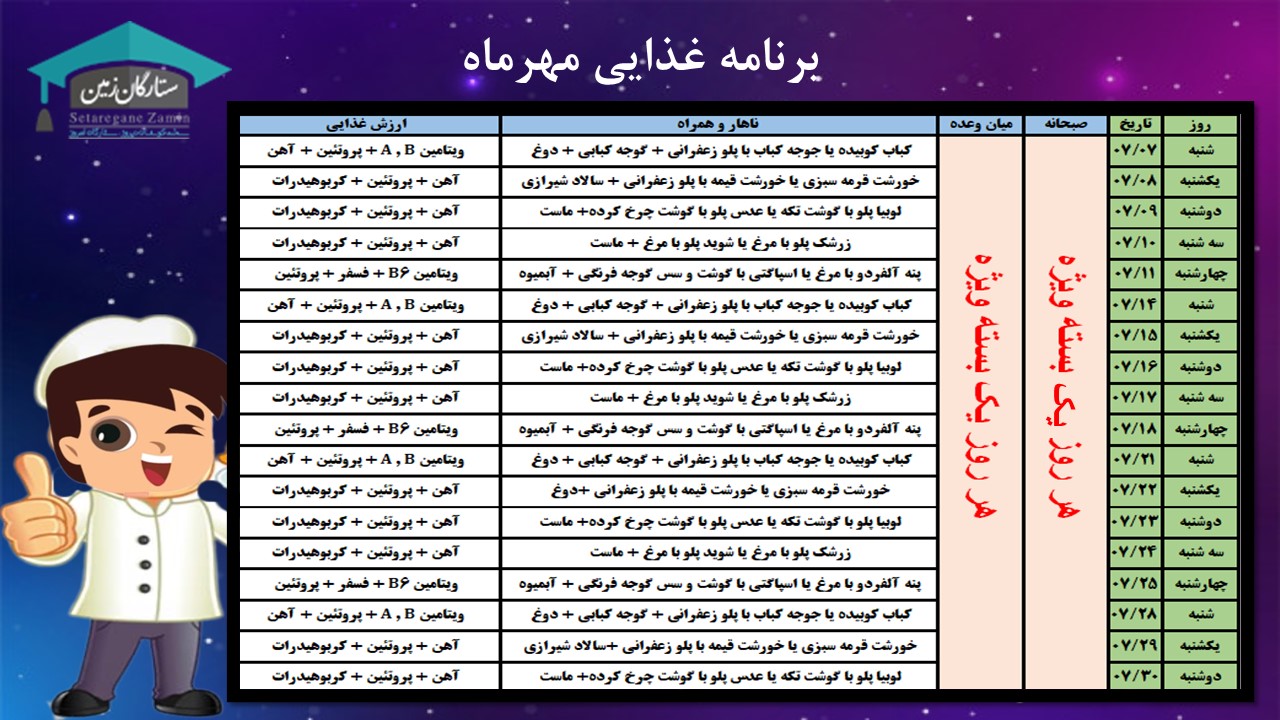 برنامه غذایی مهر ماه